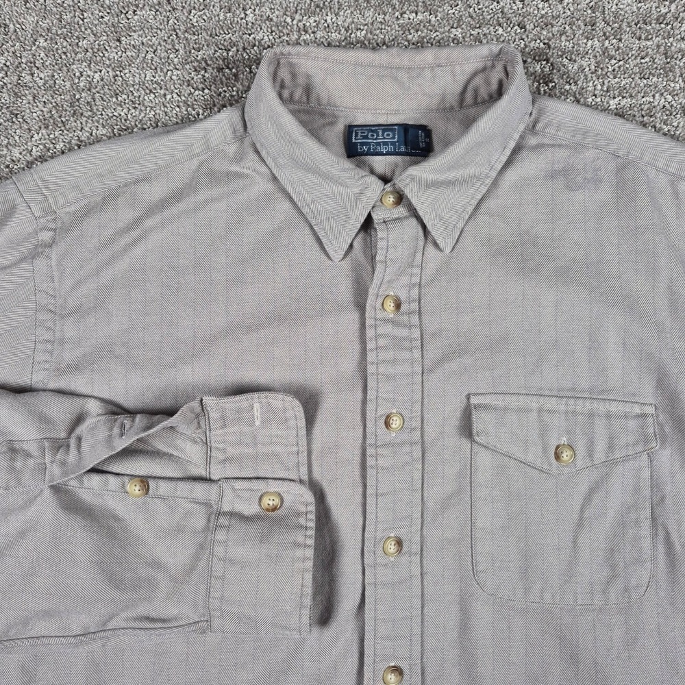 Vintage Polo Ralph Lauren Shirt Mens XXL Grey Herringbone Cotton Twill 90s
